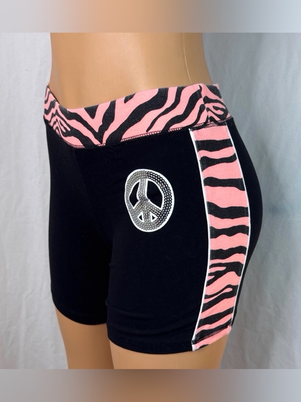 Black biker Shorts with Pink Zebra Trim and Rhinestone Peace Patch